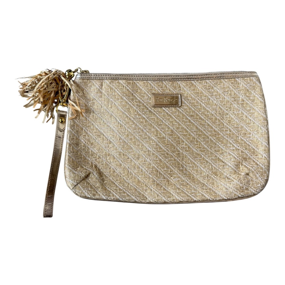 Lilly Pulitzer Gold Woven Raffia Wristlet Clutch Bag Floral Lining 11.5x7.5 NWOT